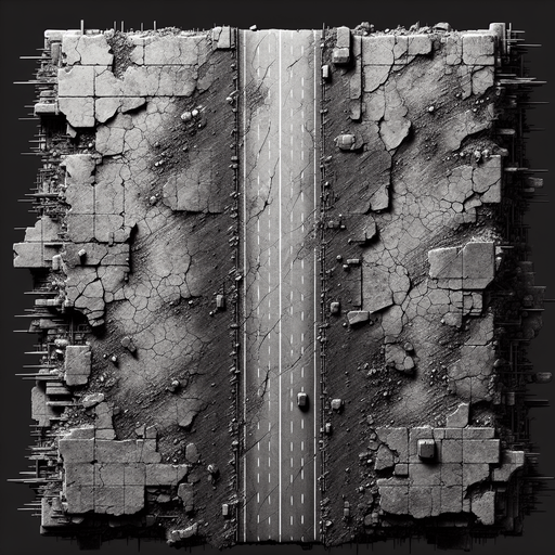 Over head view of a section of road for an endless vertical shooter. Scarred and pitted by battle. High definition..
Single Game Texture. In-Game asset. 2d. Blank background. High contrast. No shadows.