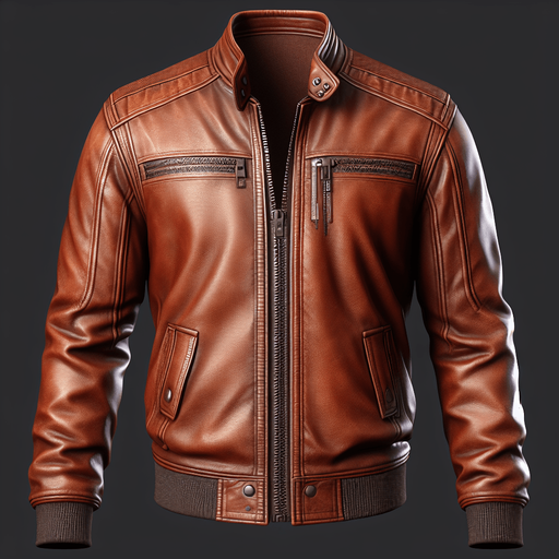 brown leather jacket.
Single Game Texture.  In-Game asset.  2d.  Blank background.  High contrast.  No shadows