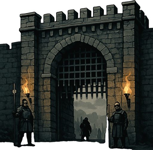 A massive medieval stone gate with iron portcullis, guards watching travelers, torches burning in brackets, heavy clouds above, realistic.
In-Game asset.  2d.  High contrast.  No shadows