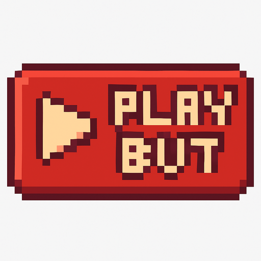 This is a play button. No background. Writing the  Play But pixel art style Transparent background. Blank background. No shadows. 2d. In-Game asset. flat make it more animation style