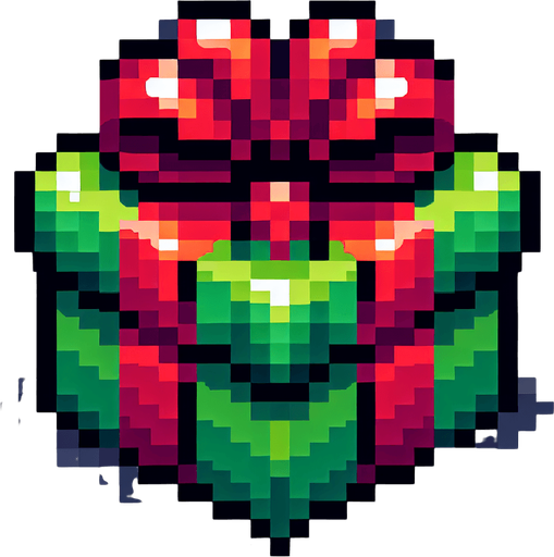 Pixel art of a green christmas present with red ribbons. Single Game Texture. In-Game asset. 2d. Blank background. High contrast. No shadows.