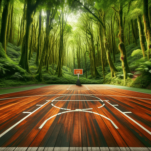 POV basketball court in forest.
Full screen. Background. High detail