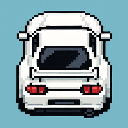 un coche blanco deportivo hecho con pixeles con perspectiva desde arriba de la parte trasera.
In-Game asset.  2d.  High contrast.  No shadows