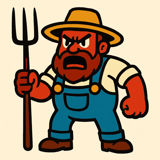 angry farmer with all body.
In-Game asset.  2d.  High contrast.  No shadows
