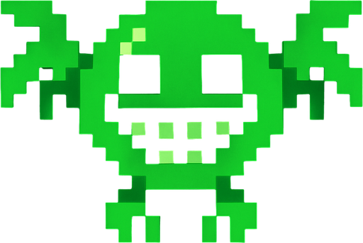a pixelart flying space enemy. Green color, scary smiley face.
In-Game asset.  2d.  High contrast.  No shadows
