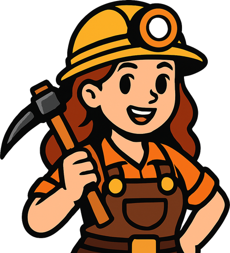 woman miner cartoon.
In-Game asset.  2d.  High contrast.  No shadows