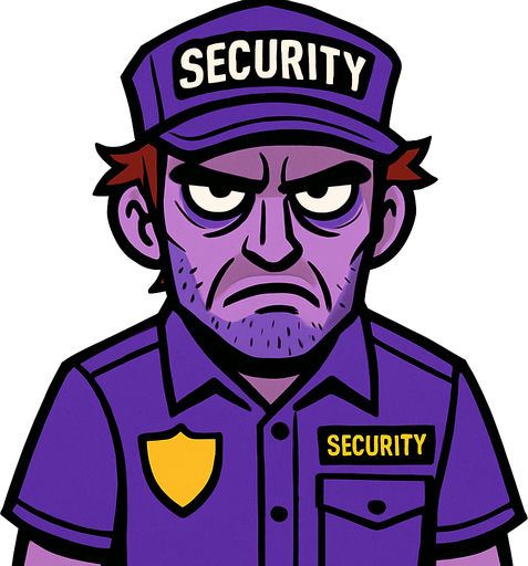 A 30-something security guard in a purple uniform, looking tired and vengeful..
In-Game asset.  2d.  High contrast.  No shadows