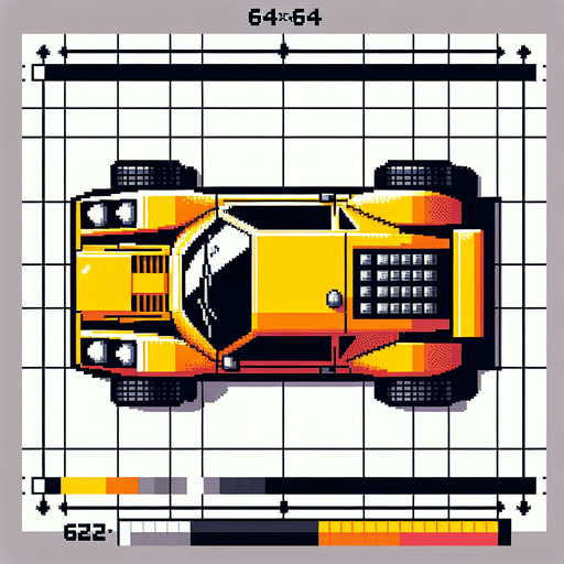 Top-down view of a yellow racing car, pixel art style, 64x64, arcade-style graphics, sharp and fast-looking design".top down view
Single Game Texture.  In-Game asset.  2d.  Blank background.  High contrast.  No shadows