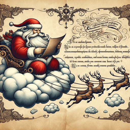 a pergament of Santa hiding with his flying sleigh and reindeers in a cloud. There is the text "In clouds you are protected from enemy attention."