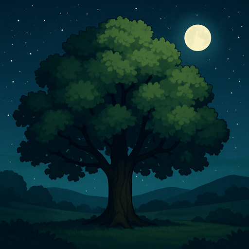Arboleda, con fondo, cielo nocturno, algo realista.
In-Game asset.  2d.  High contrast.  No shadows