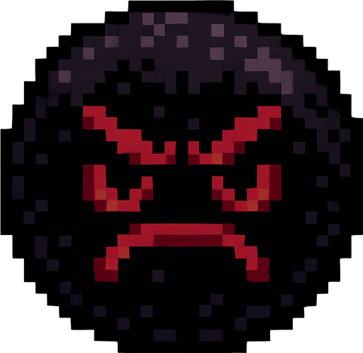 orbe oscuro de pixeles con cara enojada.
In-Game asset.  2d.  High contrast.  No shadows