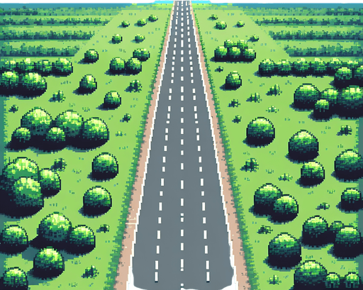 Top view of an empty road without lines from top to bottom.
overhead view.  Pixel art