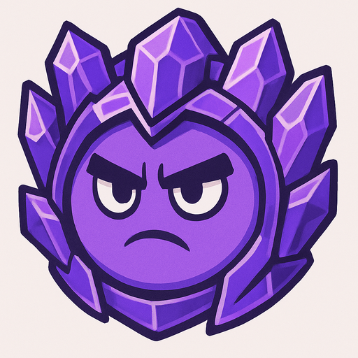 a purple circle with purple crystal armour and a sturn look on his face. only the head
In-Game asset.  2d.  High contrast.  No shadows