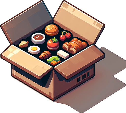 Box of food.
Single Game Texture.  In-Game asset.  2d.  Blank background.  High contrast.  No shadows