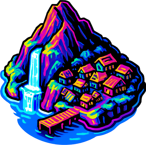 A small island centered with a large mountain taking up most of it with a waterfall on the south side and a fishing village just below it. Under the fishing village is a harbor with a single empty dock. The dock extends into a half open bay. 80s arcade machine inspire high definition graphics with 80s colored highlights. White background. Top down 3/4 view. 
In-Game asset.  2d.  High contrast.  No shadows