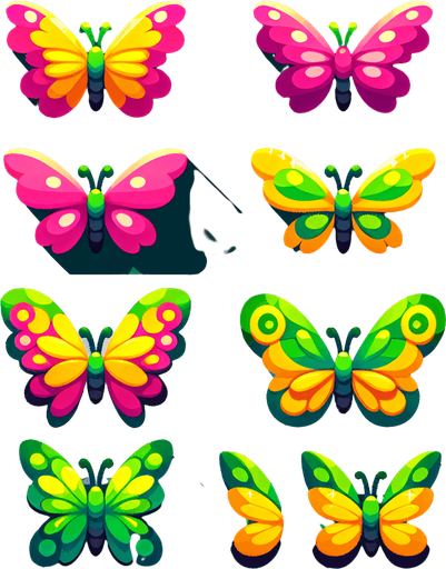 A sprite sheet of different colored butterflies. Include pink, green and yellow..
Single Game Texture. In-Game asset. 2d. Blank background. High contrast. No shadows.