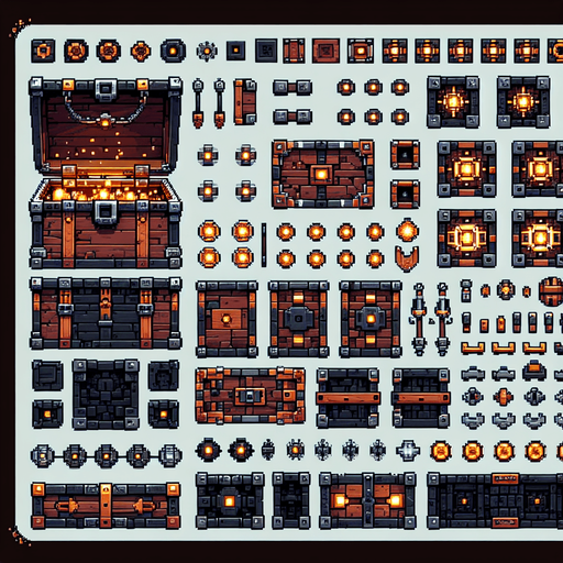 Create a sprite sheet featuring various components of a open chest, incorporating dungeon design elements. The design should include top-down views of dungeon chest. Each part should be distinct, with a cohesive color scheme of wood upholstery, dark orange and silver, accented by glowing lights for a fantasy look. The style should be detailed pixel art, reminiscent of classic 32-bit era video games, with glowing lights serving as style guides. Arrange the components on a dark background, with each part neatly aligned in rows and columns for easy identification and use in game development..
Single Game Texture. In-Game asset. 2d. Blank background. High contrast. No shadows.