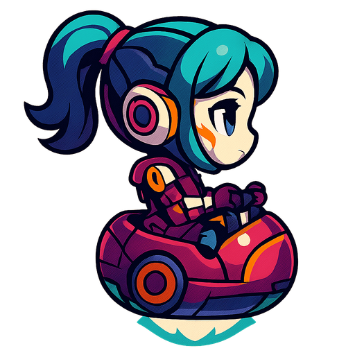 Side view, cute female cyberpunk robot, looking right, full body, chibi, riding in a hover sphere with energy glow at bottom, hands on controls
In-Game asset.  2d.  High contrast.  No shadows