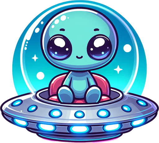 Cute alien in ufo spaceship.
Single Game Texture. In-Game asset. 2d. Blank background. High contrast. No shadows.