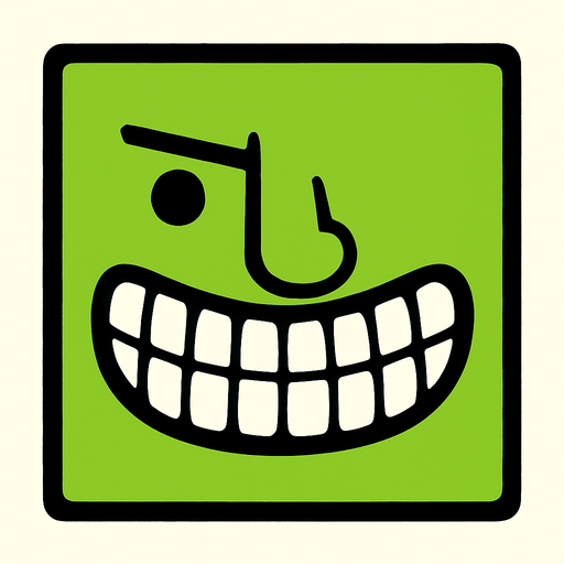 Basit yeşil renkde kare yüz. Gözü çok küçük, dişleri kaftar, burnu normal, kaşı ince.
In-Game asset.  2d.  High contrast.  No shadows