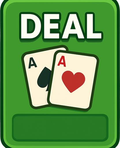 A rectangular green button with 2:3 ratio. Rounded corners. The word ‘Deal’ at top with a couple of small playing cards underneath. Blank area at the bottom. 
In-Game asset.  2d.  High contrast.  No shadows