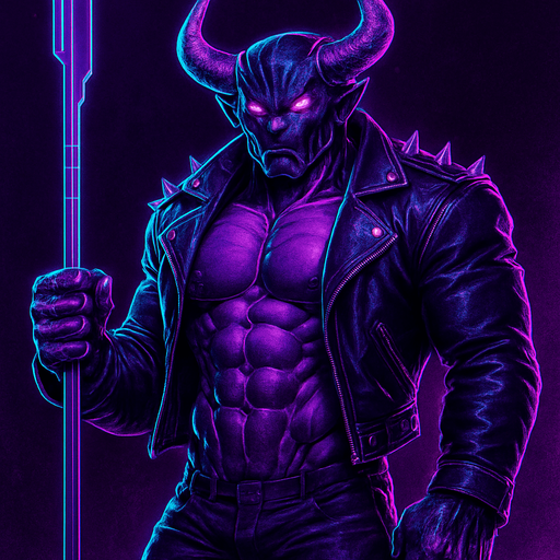 Demon robot Black leather biker jacket longsleeves shirtless muscles pecs abs hunky demon cyborg robot mecha cyberpunk neon manga futuristic monster stud beefcake