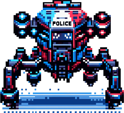 8 bit front image blue red scifi police drone.
Single Game Texture.  In-Game asset.  2d.  Blank background.  High contrast.  No shadows