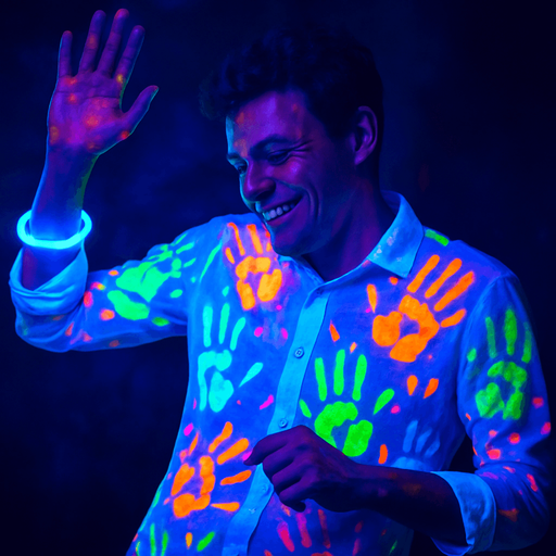 Dancing man in a white shirt filled with multi-colored UV ink palm prints. UV luminous bracelet on the arm