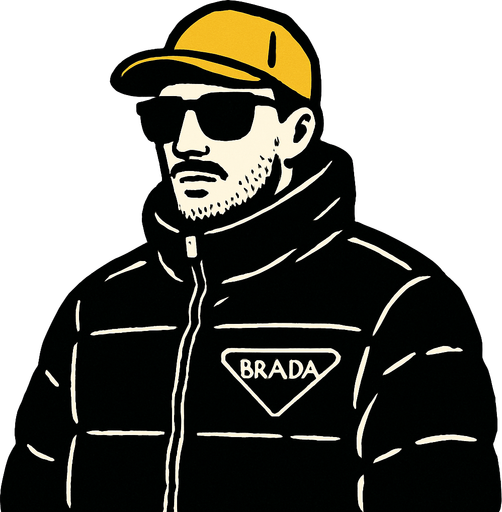 siyah renk prada montlu bir adam görseli oluştur , bu montu giyen adam sarı şapkalı , siyah güneş gözlüklü , hafif kirli sakallı bir tip olsun. prada yerine görselde "BRADA" yazsın
In-Game asset.  2d.  High contrast.  No shadows
