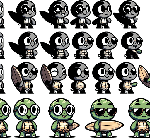 A spritesheet with a number of poses of an happy little turtle with strong eye-glasses, carrying a vertically oriented surfboard,, smiling, walking, waiting, standing, ordering, turning, etc. all seen from the side.The spritesheet should be laid out in a rectangular grid with clear space between each individual sprite. Each sprite in the sheet should be around 300x600 pixels in size.
Single Game Texture. In-Game asset. 2d. Blank background. High contrast. No shadows.