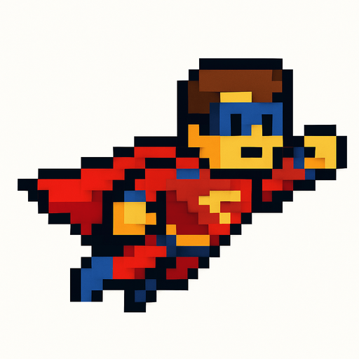 flying pixel art hero.
In-Game asset.  2d.  High contrast.  No shadows