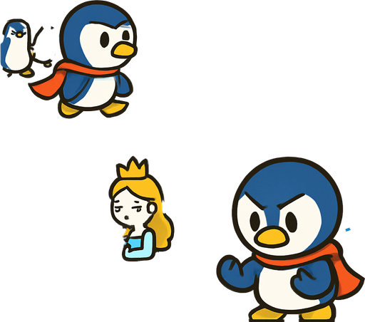 4-panel comic strip, no text, cute cartoon style, bright colors, black outlines.
Characters: Penguin Hero (small, determined) + Penguin Princess (elegant, crown) + Village Penguins
Central Theme: Music connects hearts, piano mastery wins love.  Hero sees Princess's beautiful piano playing, falls in love

Panel 1: Hero living normal life in penguin village
Panel 2: Hears beautiful piano music from Princess's ice palace
Panel 3: Sees Princess playing gracefully, hearts float around Hero
Panel 4: Hero determined but nervous, looking at his flippers.
In-Game asset.  2d.  High contrast.  No shadows