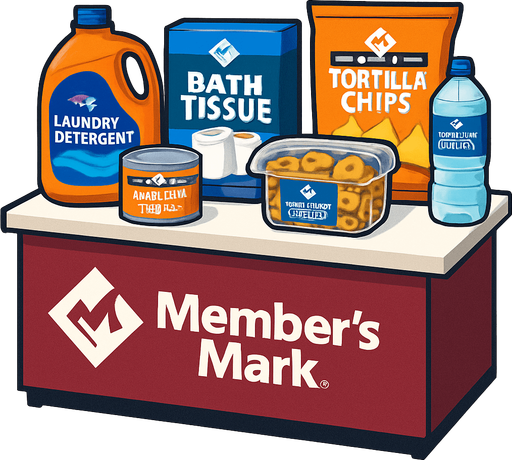Una mesa de un demostrados, con productos members mark..
In-Game asset.  High contrast.  No shadows