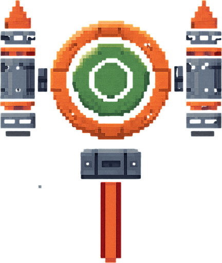 Модульный босс с телом круга рекетницами по бокам и лазером по середине все отдельно пиксельный вид сверху космос.
In-Game asset.  2d.  High contrast.  No shadows