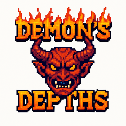 Pixel art logo for a game called ‘Demon’s Depths’. Big demon head with the title of the game split on top and bottom. The words are made of flame. White background
In-Game asset.  2d.  High contrast.  No shadows