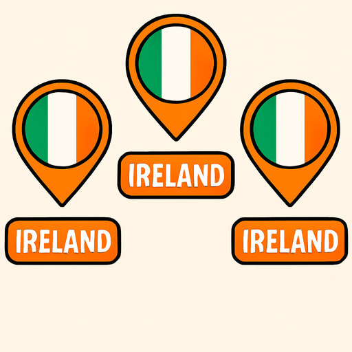 A flat, 2D game UI-style asset showing a vertical set of three country pins labeled: "ireland". Each pin includes a circular flag icon above the text label. The layout is columnar, cartoonish, and visually clean. Each pin should be exportable or usable individually for a mobile game's level selection screen..
In-Game asset.  2d.  High contrast.  No shadows