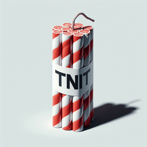 a photo-realistic white and red twisted candy stick slice in vertical position and with an extinguished wick. At its center, a simple white rectangular "TNT" sticker in the same direction as the stick Single Game Texture. In-Game asset. 2d. Blank background. High contrast. No shadows.