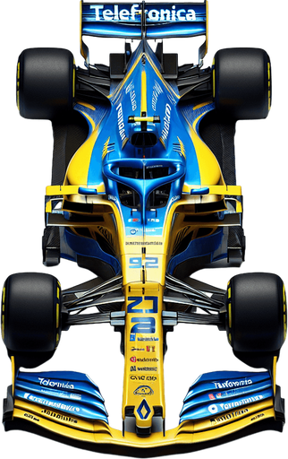 F1 Renaiult race car. Top View. Skyblue and yellow body with deepblue stripes. Deepblue rearwing. Sponsor: "Telefonica"text neonyellow. White"Team Spirit" on front wing. Deepblue"RENAiULT" text on body..
Single Game Texture. In-Game asset. 2d. Blank background. High contrast. No shadows.