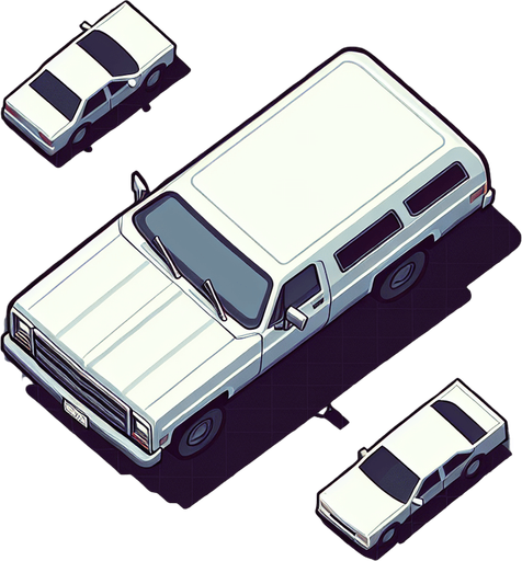 top down look on white civillian car no background vertical.
Single Game Texture.  In-Game asset.  2d.  Blank background.  High contrast.  No shadows