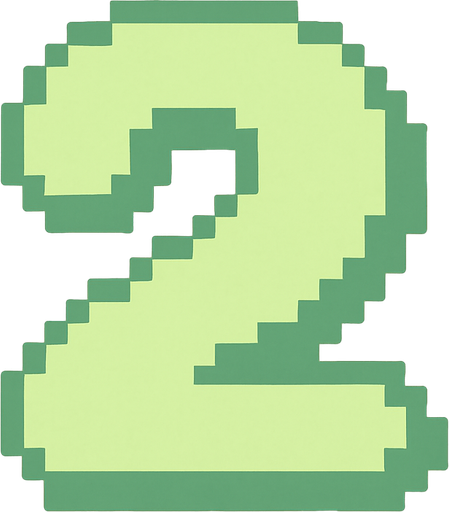 A pixel art number "2" designed for a cozy, cute retro 2D game UI with a bird theme. The number is rendered in soft pastel light green tones to harmonize with the gentle and sweet aesthetic of the game. It has a clean, simple, and rounded pixel style with no harsh edges, fitting perfectly within the pixel art UI style. The number is bold and easily readable at small sizes..
In-Game asset.  2d.  High contrast.  No shadows. pixel art. retro. 2d ui. number. pastel light green. simple. rounded edges. bold. cute. minimal