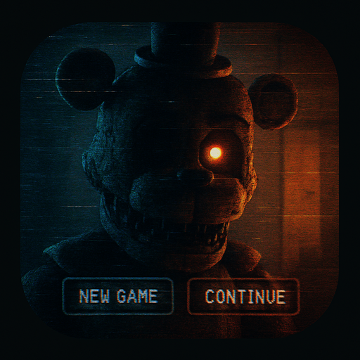 Modern App Store icon, high definition, square with rounded corners, for a game titled "FNAF: GECE VARDİYASI" and with the description "FNAF: GECE VARDİYASI, VHS karıncalanma efektli menüsü ve glitch animatroniğiyle klasik FNAF atmosferini sunan bir fan oyunudur. Menüde yeni oyun ve devam et seçenekleri, oyun içinde ise gece ve saat bilgisiyle test amaçlı gece bitirme butonu bulunur.". No text on icon!