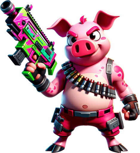 A pig with a gun.
Single Game Texture. In-Game asset. 2d. Blank background. High contrast. No shadows.