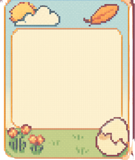 A decorative pixel art character card frame for a 2D retro-style game, themed around a cute bird world. The card is rectangular with rounded corners and has a pastel-colored background. Each corner includes soft, themed details:

A cloud and sun in the top-left,

A feather or flying bird in the top-right,

Grass or flowers in the bottom-left,

A cracked egg in the bottom-right.

The center area is left empty for a character sprite to be added later. The overall design is cozy, cute, colorful, and flat—fitting the aesthetic of a peaceful, playful bird-themed game world.

Style tags:
pixel art, retro, bird theme, character card, cozy, pastel colors, cloud, feather, egg, grass, flowers, soft design, minimal, 2D UI, flat, cute.
In-Game asset.  2d.  High contrast.  No shadows. pixel art. retro. bird theme. character card. cozy. pastel colors. cloud. feather. egg. grass. flowers. soft design. minimal. 2d ui. flat. cute