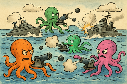 guerra de pulpos con cañones, que sean de diferentes colores los pulpos de diferentes, tipo dibujo contra buques de guerra