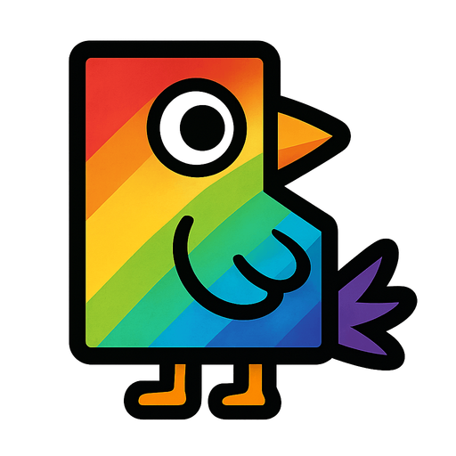 Square shaped rainbow bird facing right.
In-Game asset.  2d.  High contrast.  No shadows