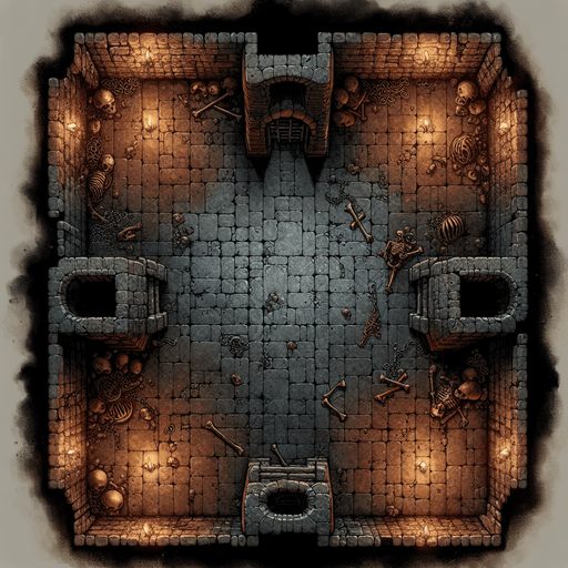 A dark, stone-walled dungeon chamber viewed directly from above. The floor is uneven with scattered bones and chains. Each wall has an entrance centered in the middle, like arched doorways, positioned on the top, bottom, left, and right sides. The room fills the entire frame, with torch-lit ambiance..
Full-frame, top-down view of a stone-walled dungeon chamber. Uneven floor, bones, chains, torch lighting. Open, arched entrances centered on each wall: top, bottom, left, and right. No 3D perspective, even lighting.
