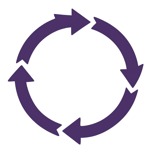 4 segmentos de flecha que forman un circulo en sentido horario, color morado