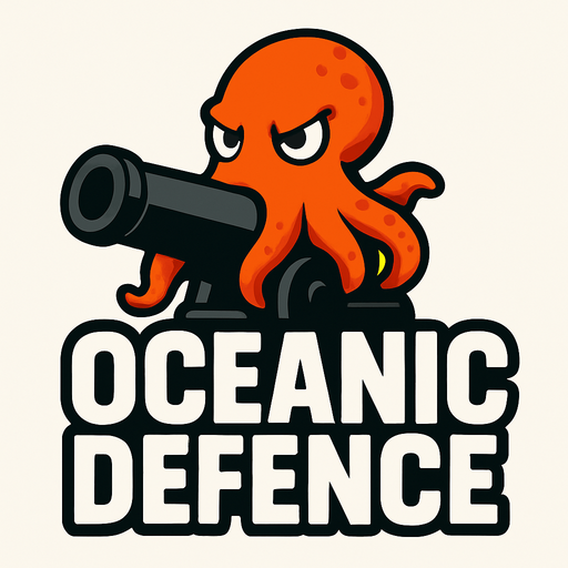 crea un titulo que diga oceanic defence con un pulplo detras de las letras que esta sentado en un cañon negro.
In-Game asset.  2d.  High contrast.  No shadows