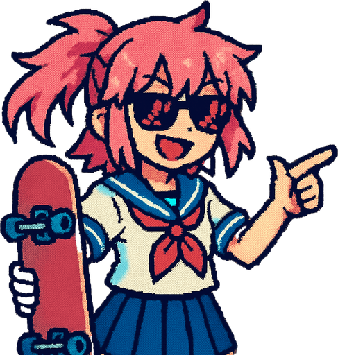 She’s a cute anime girl with a free-spirited and rebellious vibe. Her hair is pink, and she’s wearing a traditional Japanese school uniform (sailor fuku). She sports dark sunglasses and holds a skateboard in one hand while pointing with the other. Her face lights up with a big smile and mischievous pink eyes that match her hair. In the background, there's a Japanese classroom, and the entire artwork is done in Pixel Art style..
In-Game asset.  2d.  High contrast.  No shadows