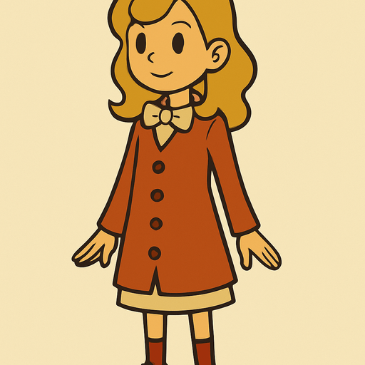 12yo blonde girl in professor Layton game style.
In-Game asset.  2d.  High contrast.  No shadows